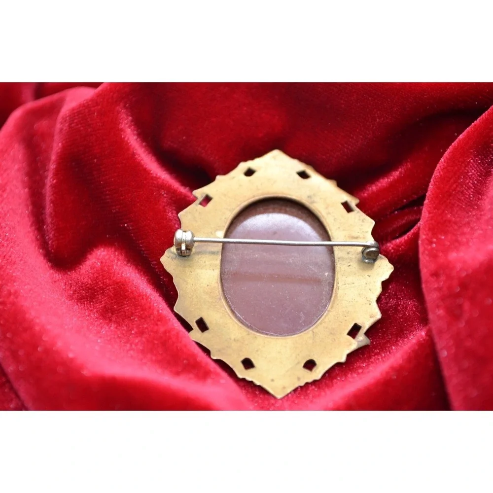 Vintage Cameo Brooch Gold Tone Brass Ornate Frame Terracotta Black Portrait Pin